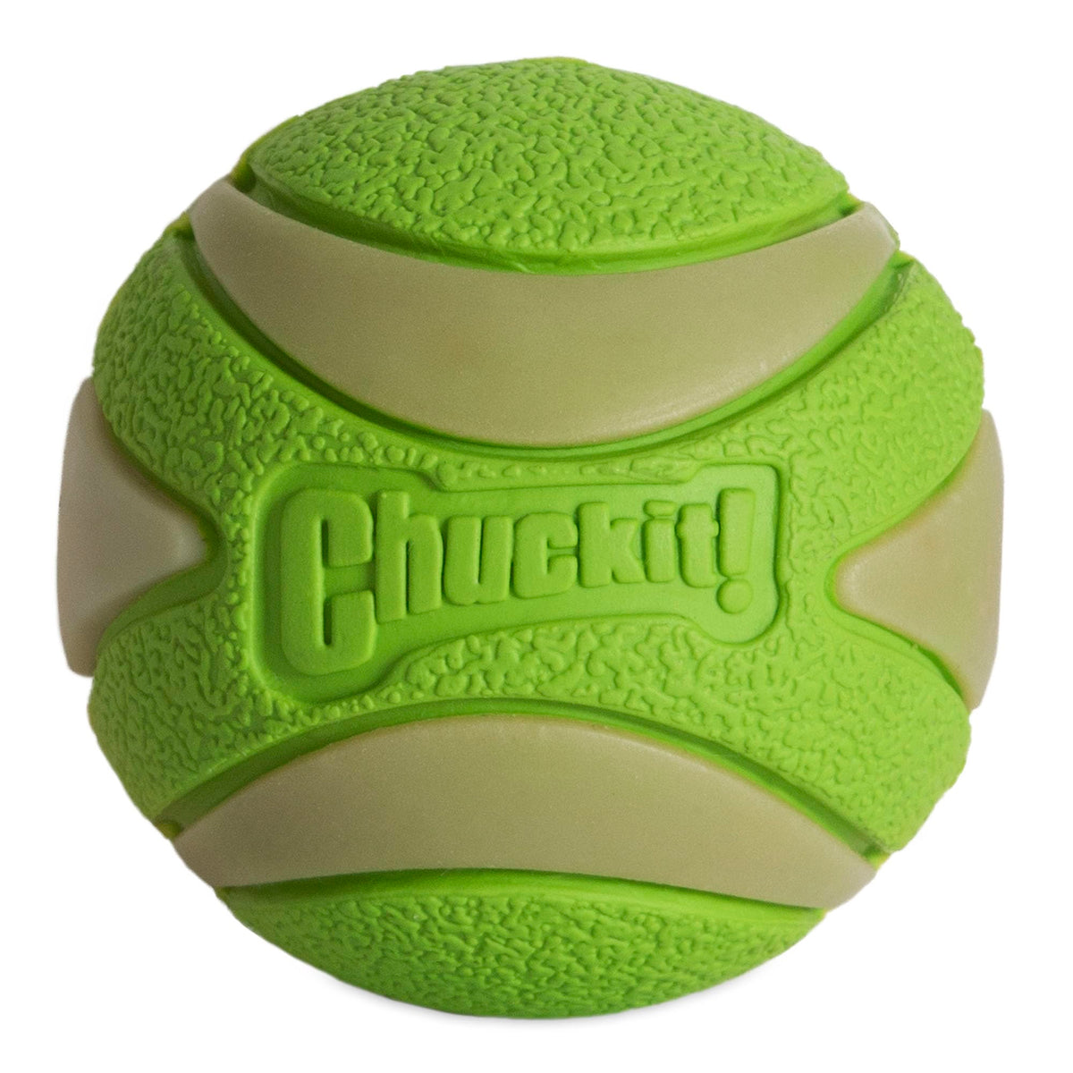 Chuckit Max Glow Ultra Squeaker Ball glows for nighttime fetch for 20-60 lb dogs.