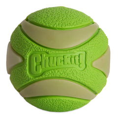 Chuckit Max Glow Ultra Squeaker Ball glows for nighttime fetch for 20-60 lb dogs.