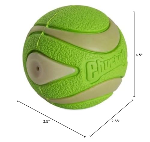 Chuckit Max Glow Ultra Squeaker Ball close-up highlights the engaging safety squeaker.