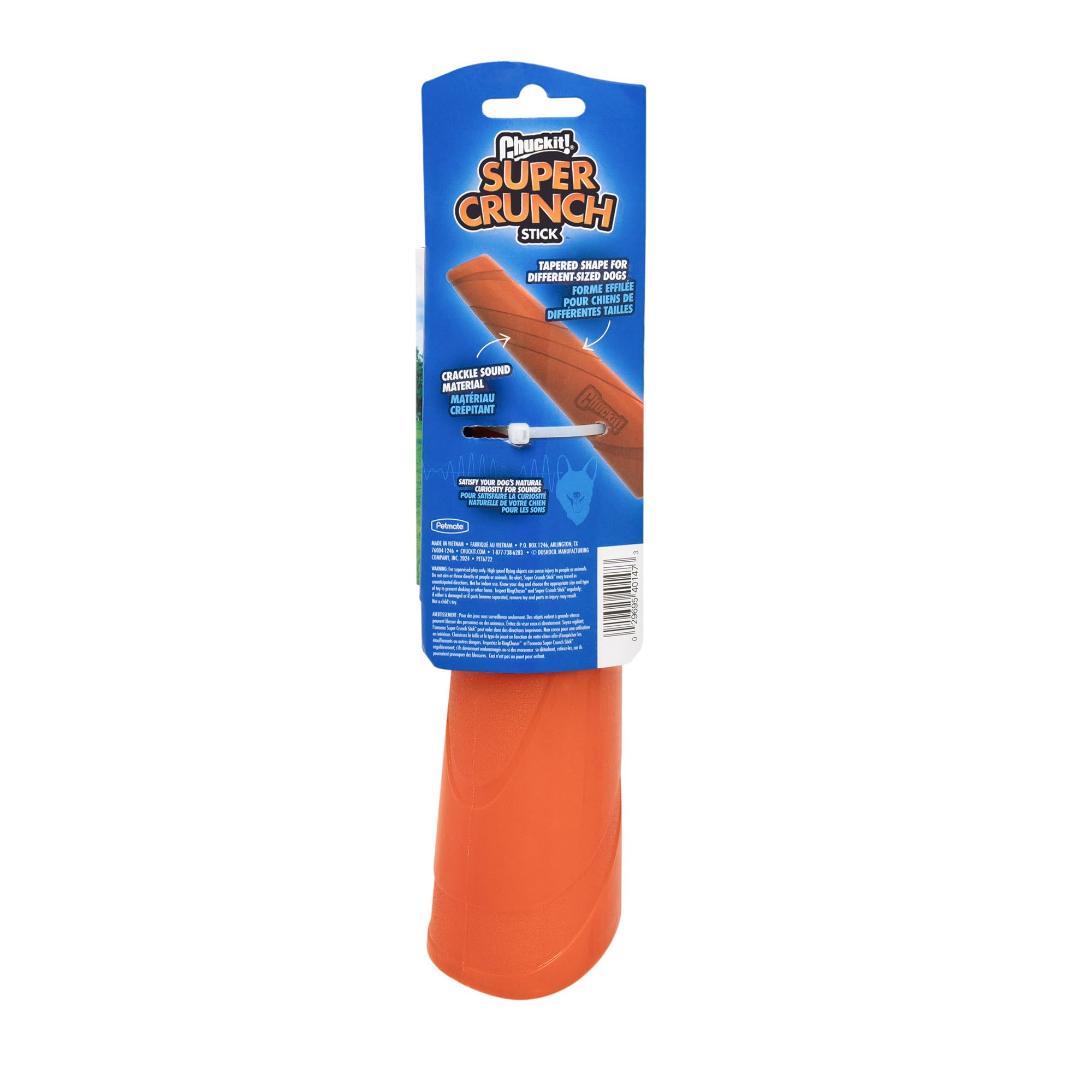 Chuckit! Super Crunch Stick tapered design supports ergonomic paw grip during fetch.