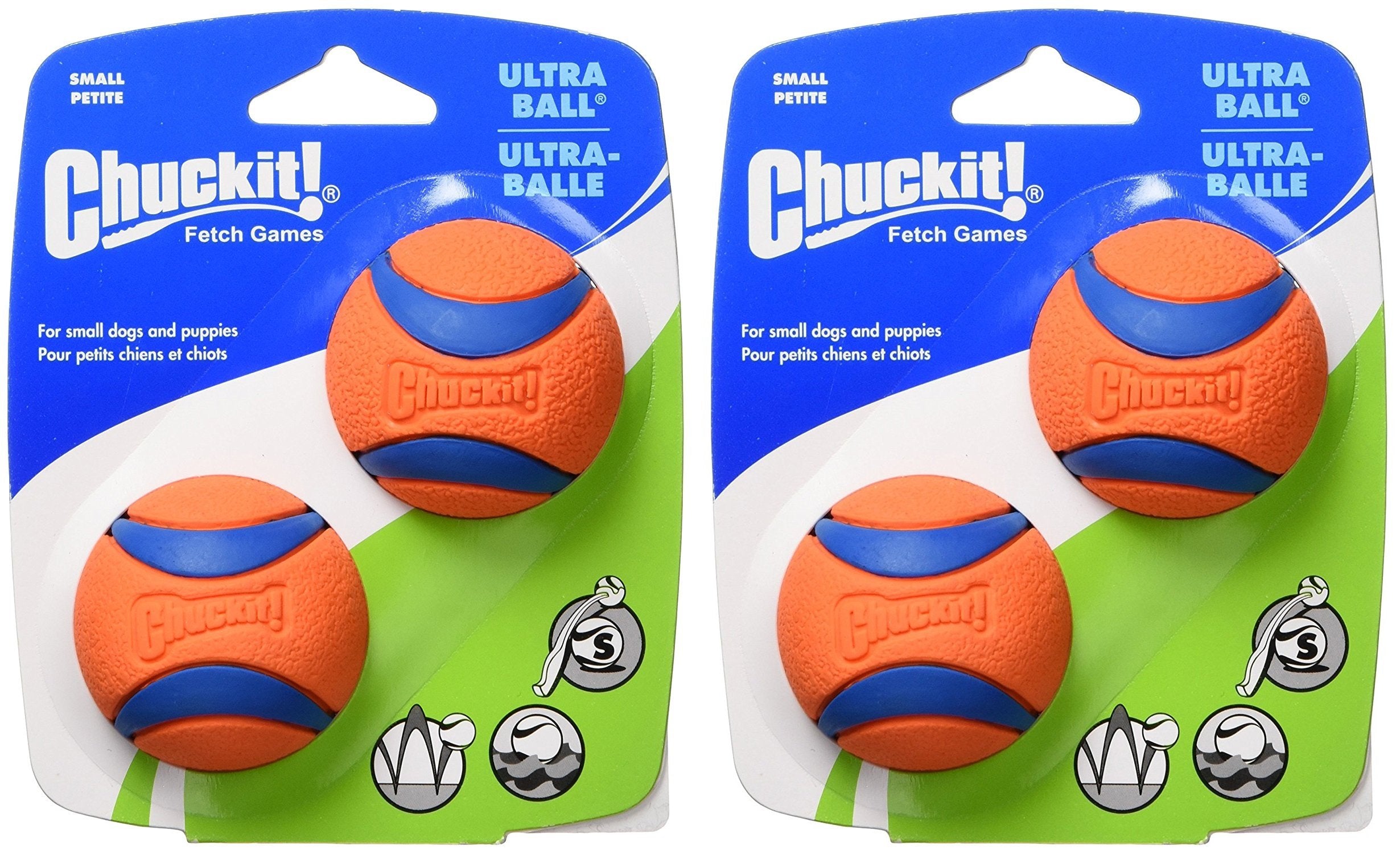 Chuckit Ultra Ball Small 2in pack front view bright fetch toy.