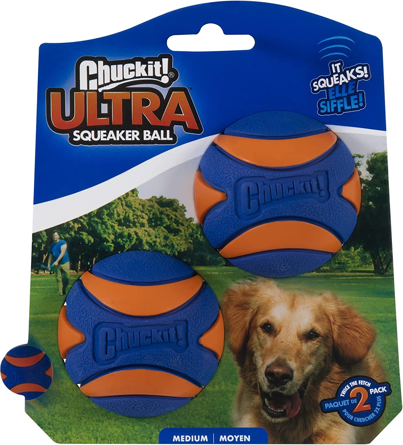 Chuckit! Ultra Squeaker Ball mid-air bounce demonstrates high bounce for engaging chase.