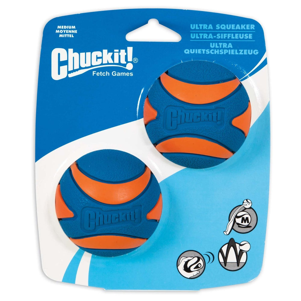 Chuckit! Ultra Squeaker Ball closeup shows durable texture for energetic fetch sessions.