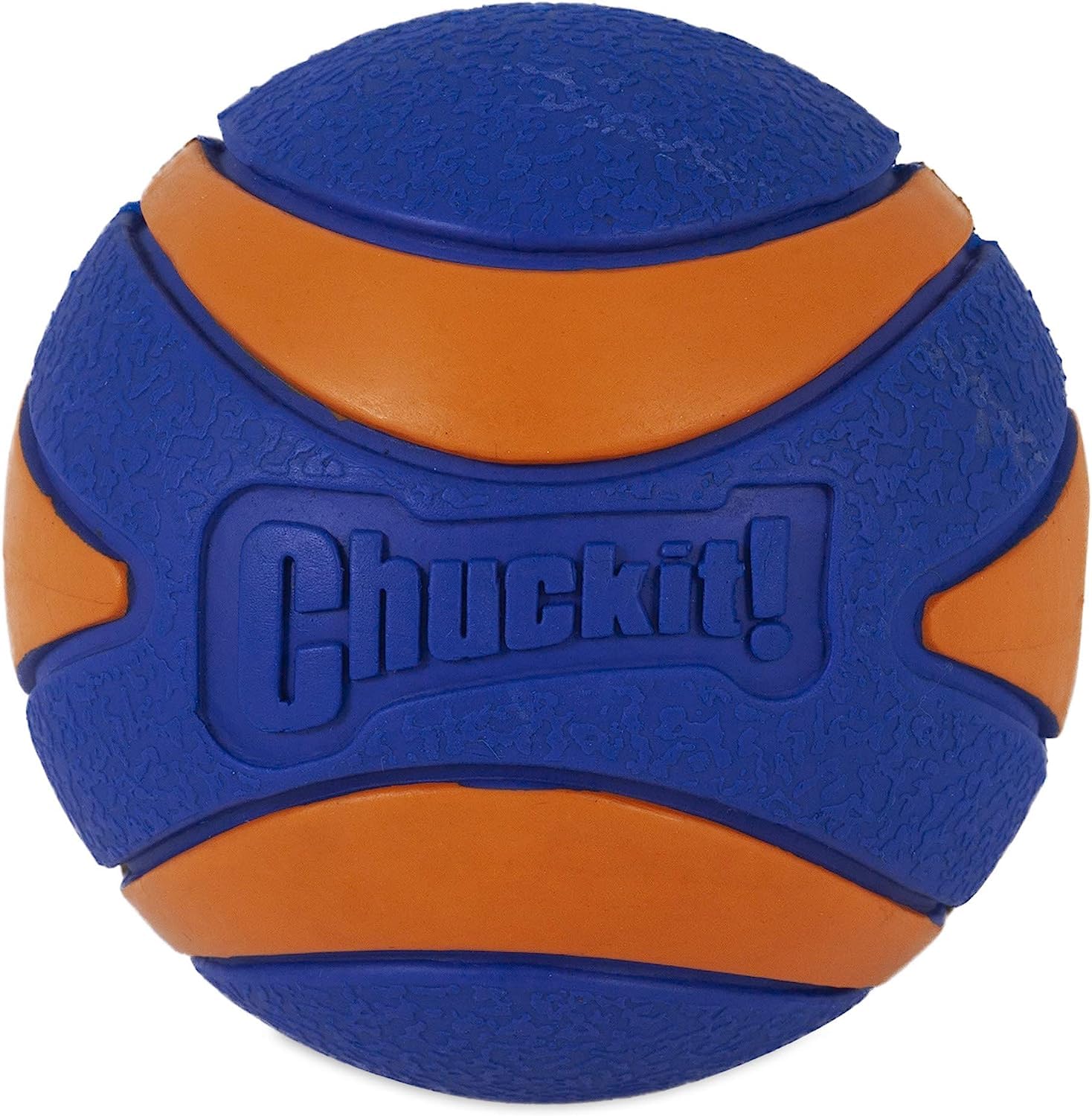 Chuckit Ultra Squeaker Ball small 2in bright orange-blue visibility during outdoor games.