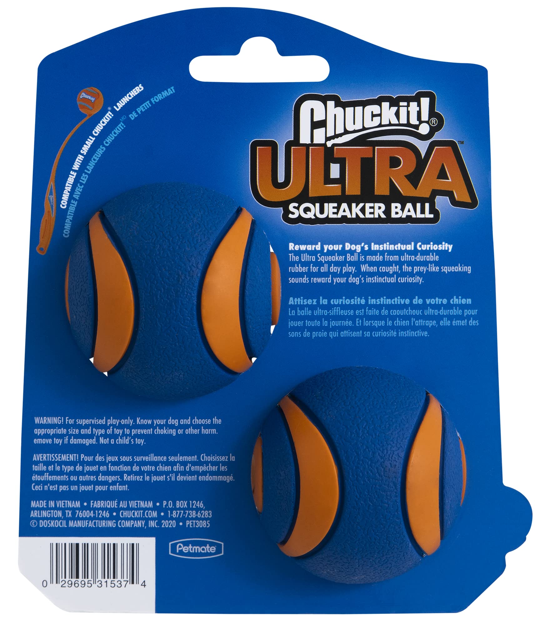 Chuckit Ultra Squeaker Ball small 2in durable rubber design for aggressive chewers.