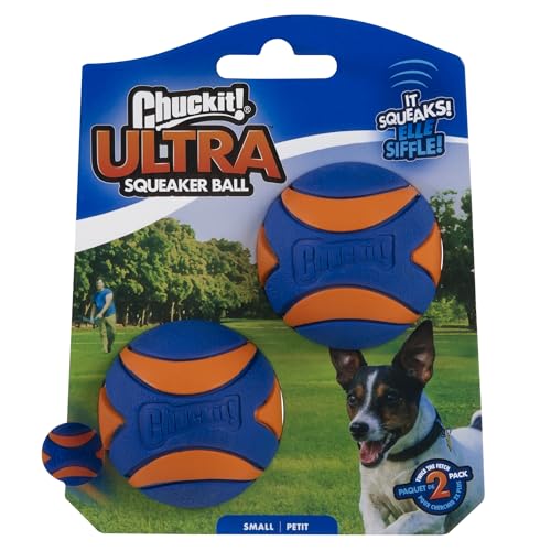 Chuckit Ultra Squeaker Ball small 2in squeaker closeup highlighting audible play.
