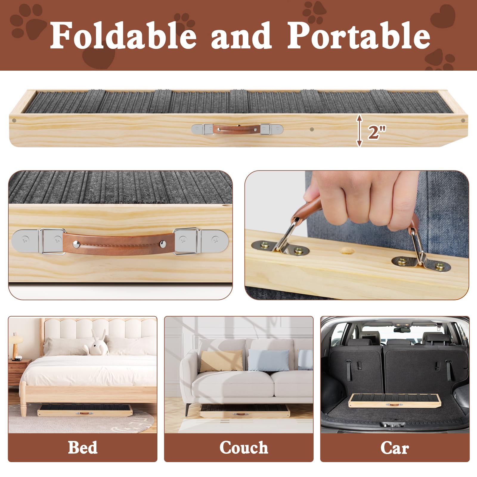 Chuiendi dog ramp load capacity 150lbs underlines sturdy wooden construction.