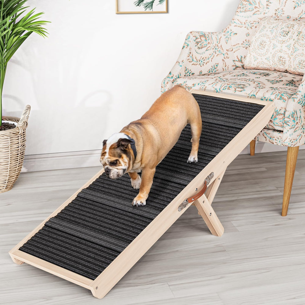 Chuiendi dog ramp wooden 39-37 long side view shows sturdy pine construction for safe pet access.