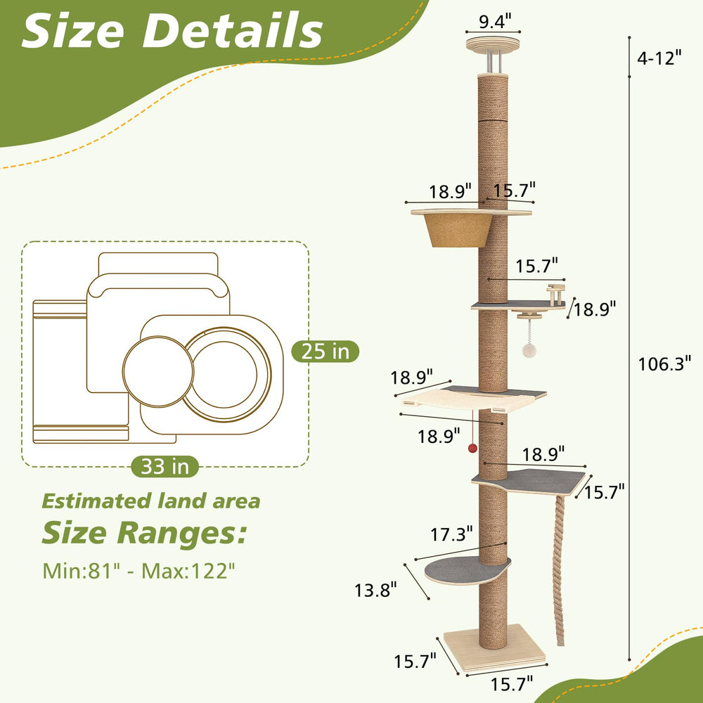 Chuiendi floor-to-ceiling cat tree assembled in living room with stable base for energetic cats