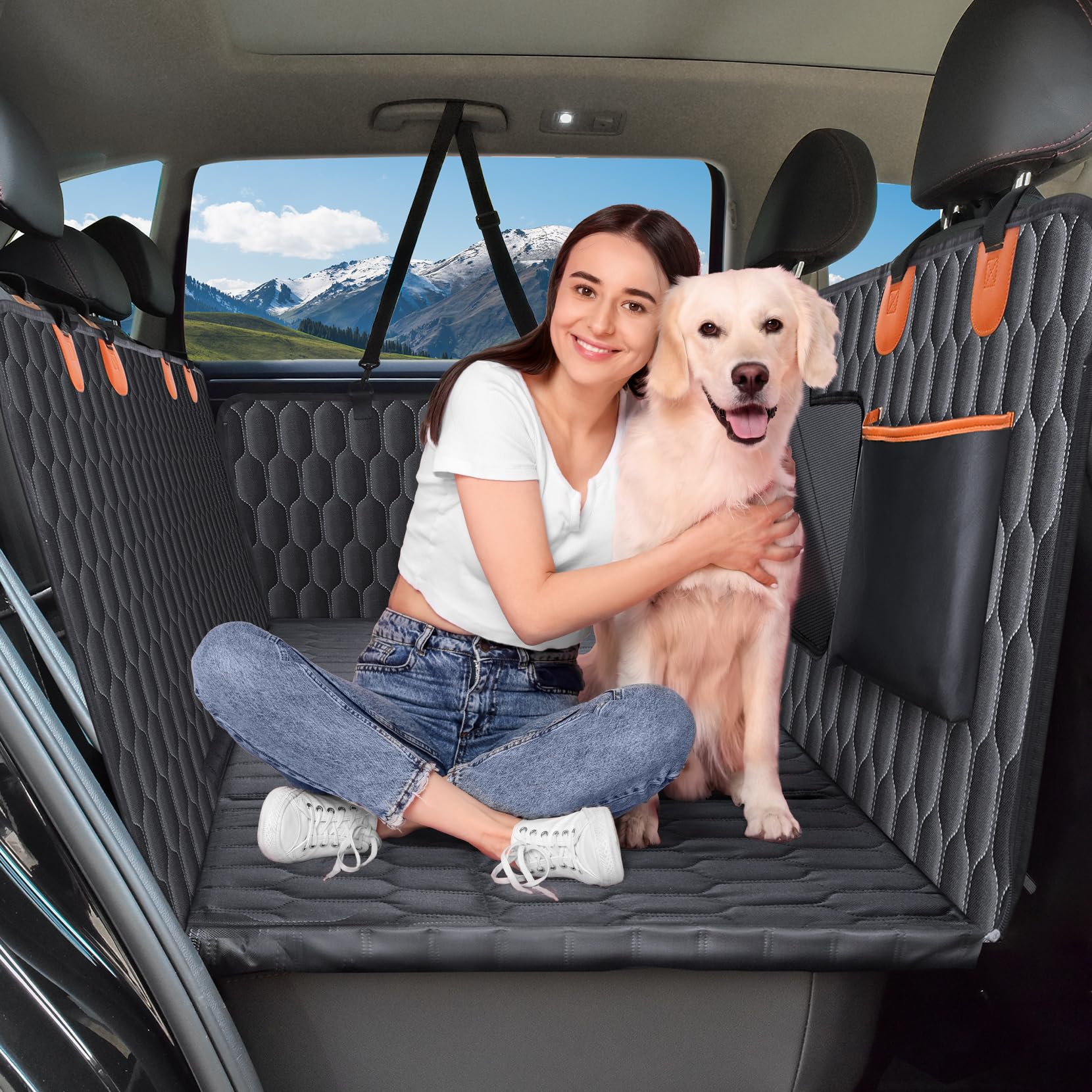 Chumajor back seat extender top view shows secure pet space for travel.