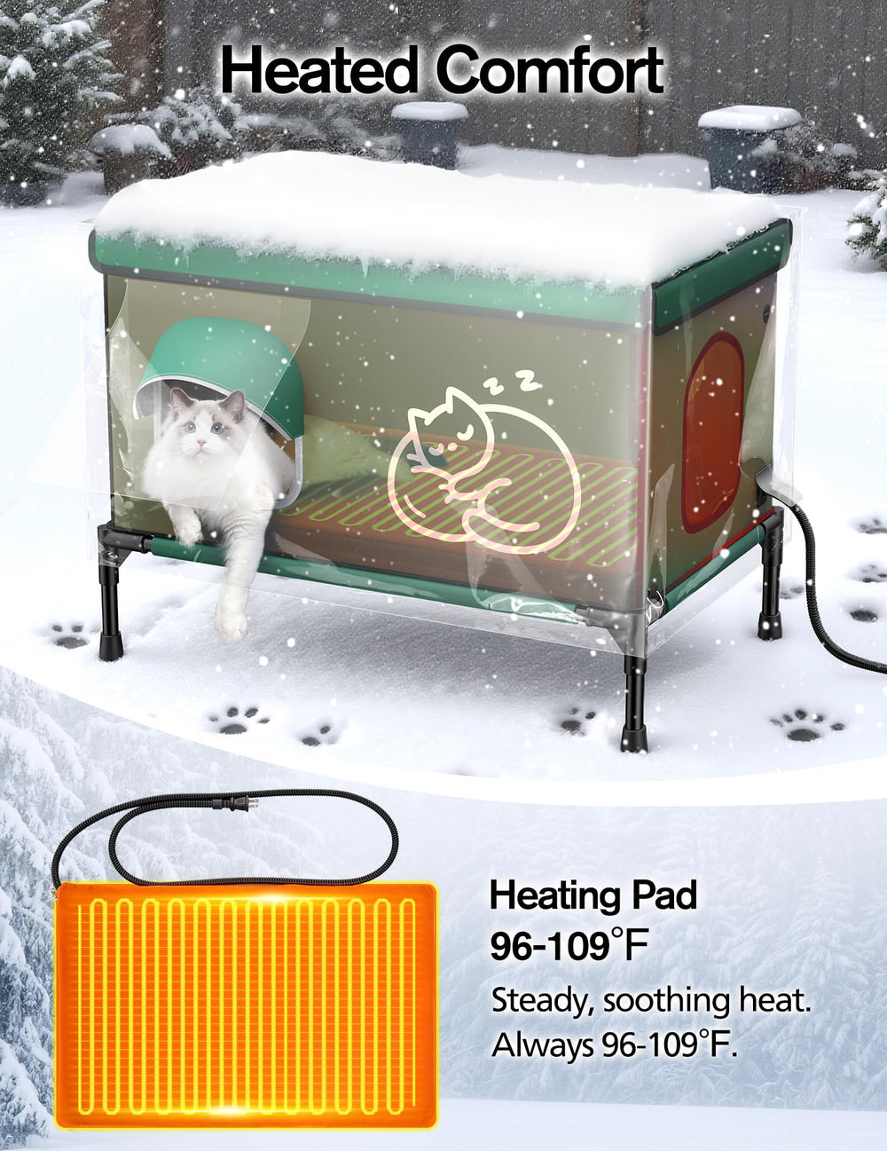 Chumajor heated cat house insulation six layer keeps warmth in sub-zero temperatures.