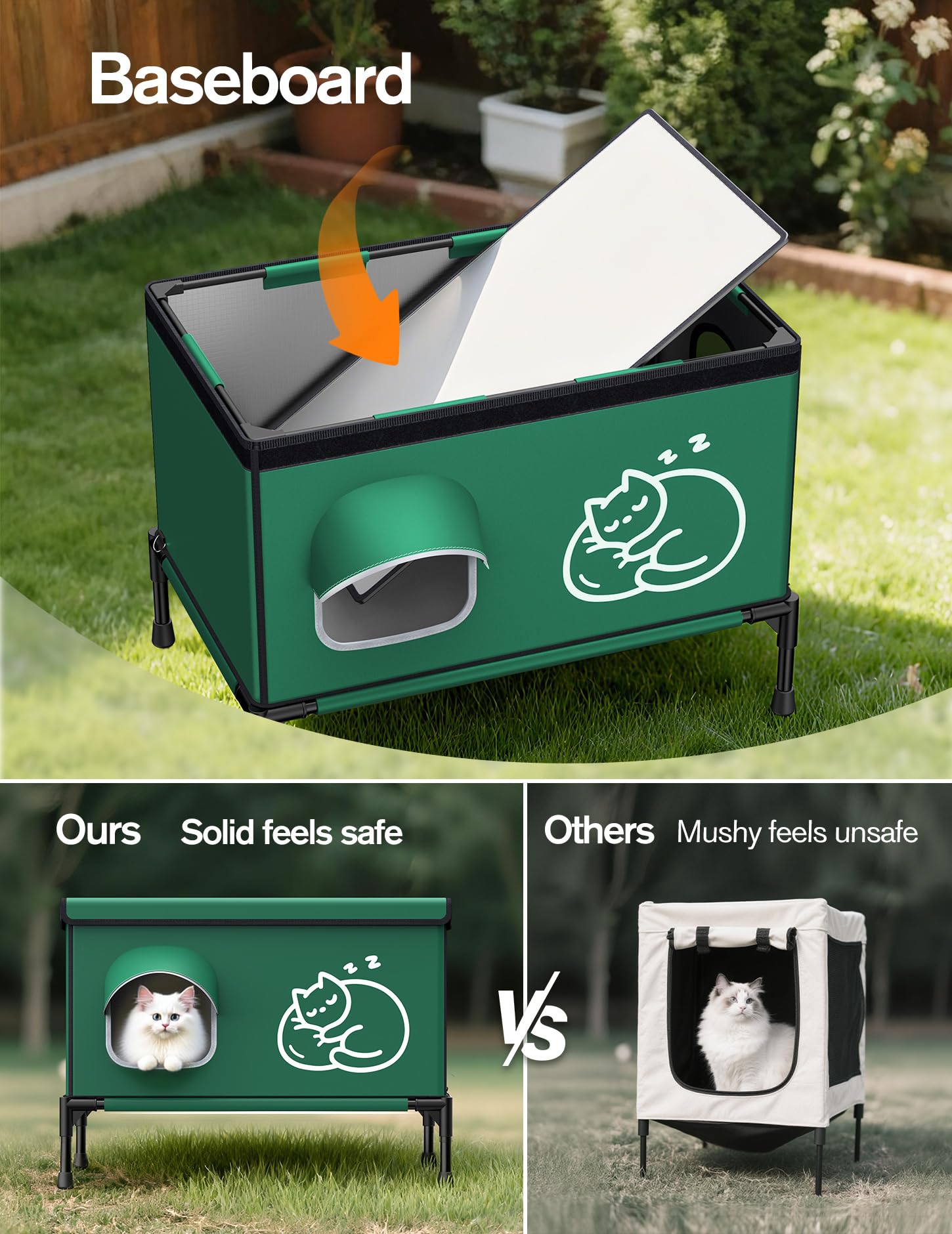 Chumajor heated cat house waterproof awning elevated base prevents moisture and rain entry.