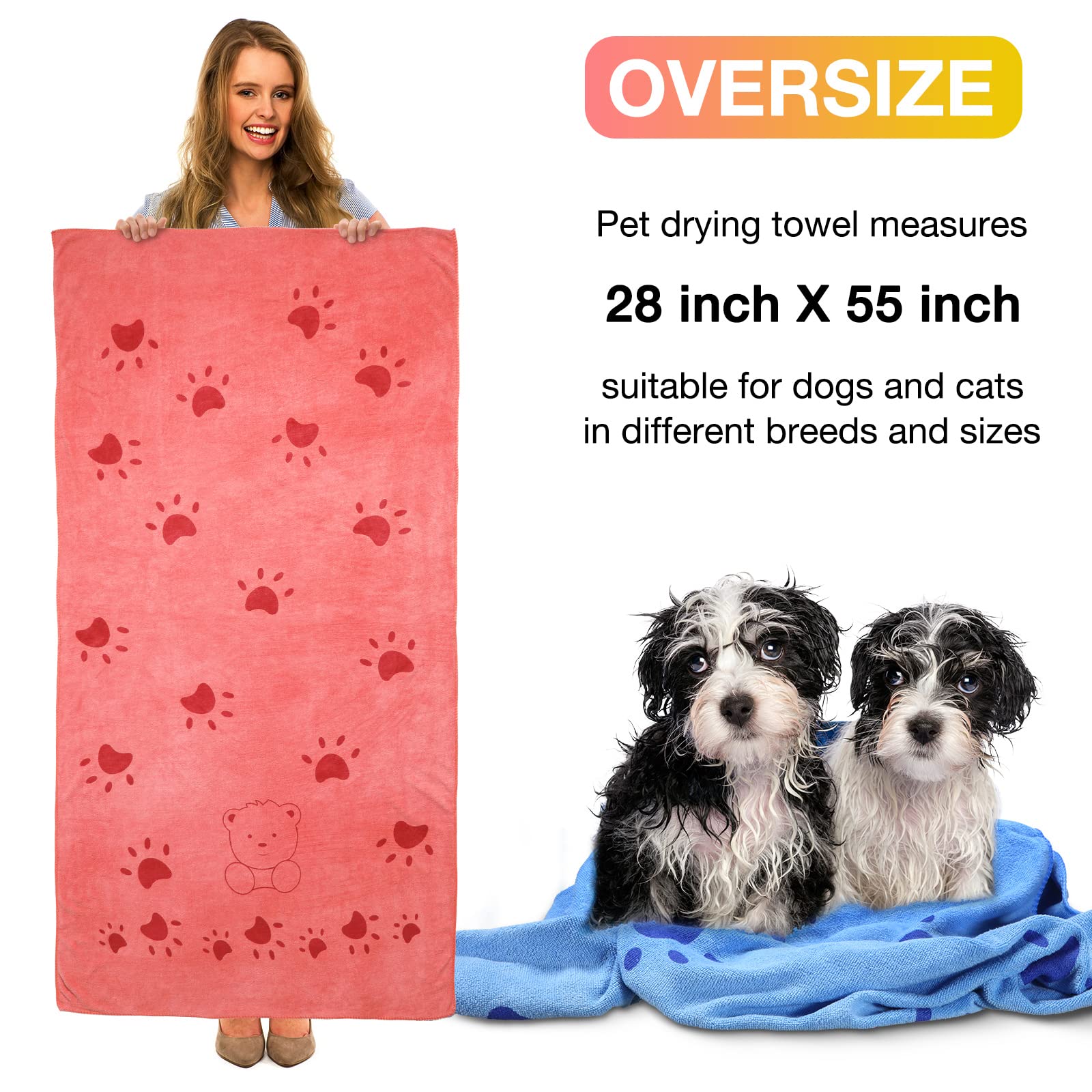 Chumia 55x28 inch dog towel demonstrates generous coverage for quick drying.