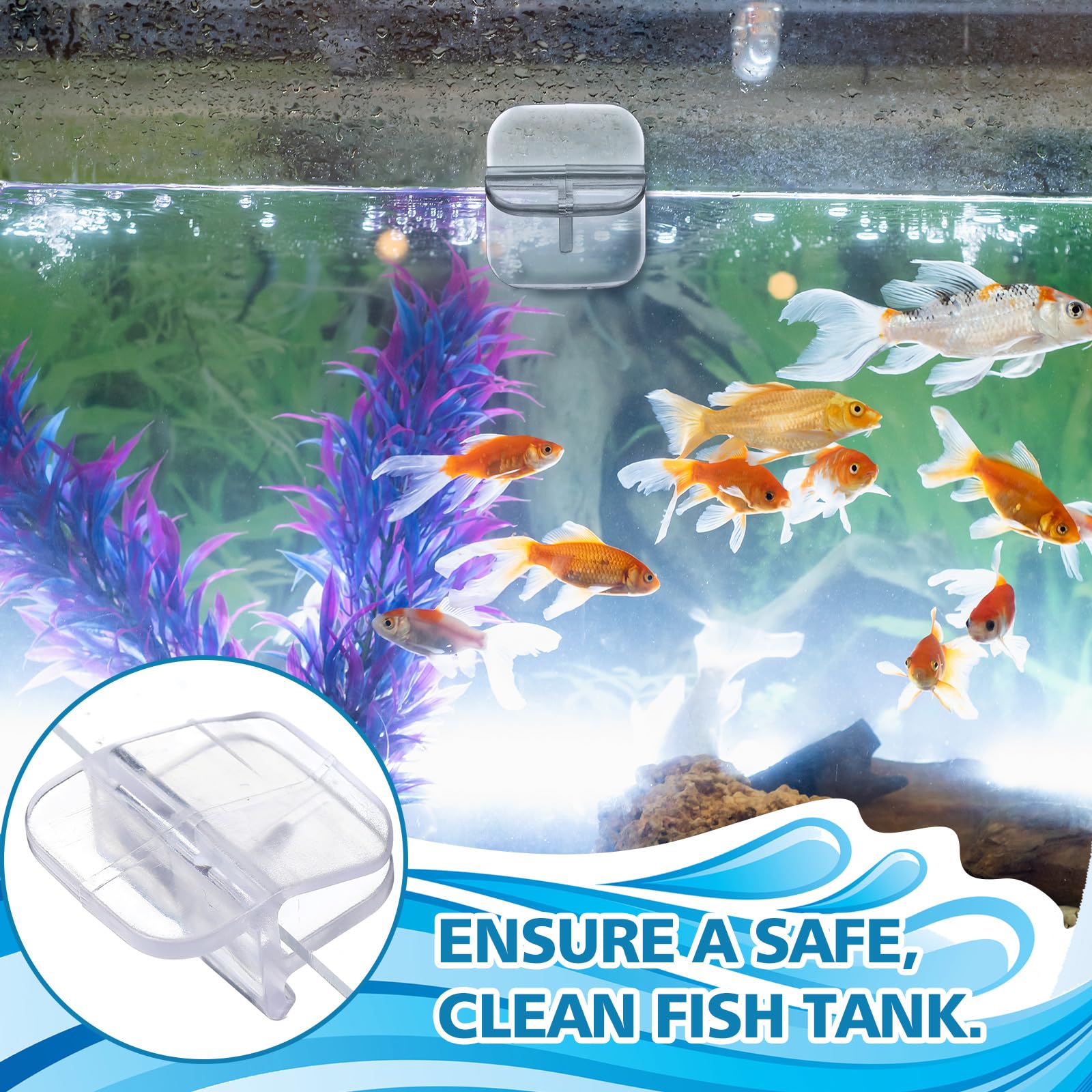 Chunful clear top cover clip in use on an aquarium rim
