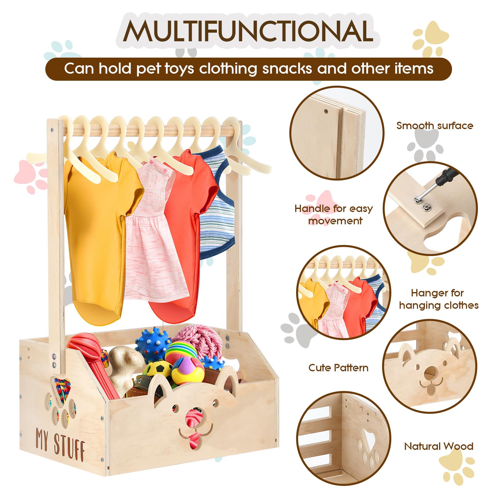 Chunful dog clothes rack in wood finish helps keep outfits organized