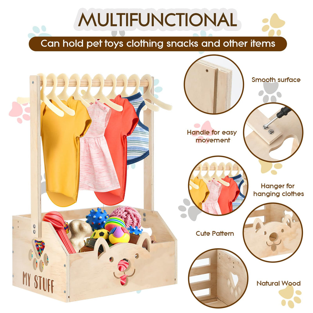 Chunful dog clothes rack in wood finish helps keep outfits organized