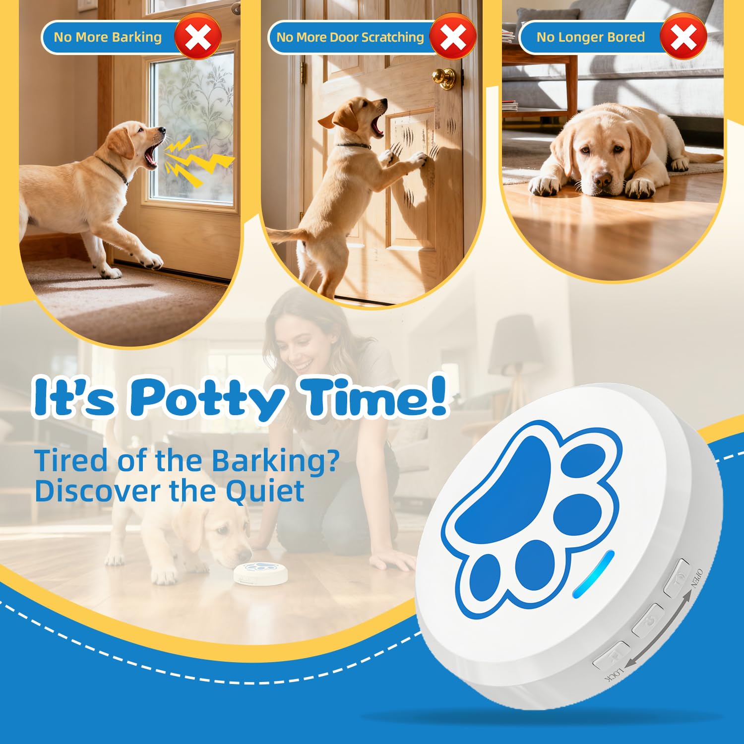 ChunHee dog door bell side view highlighting easy reach for puppies and small dogs
