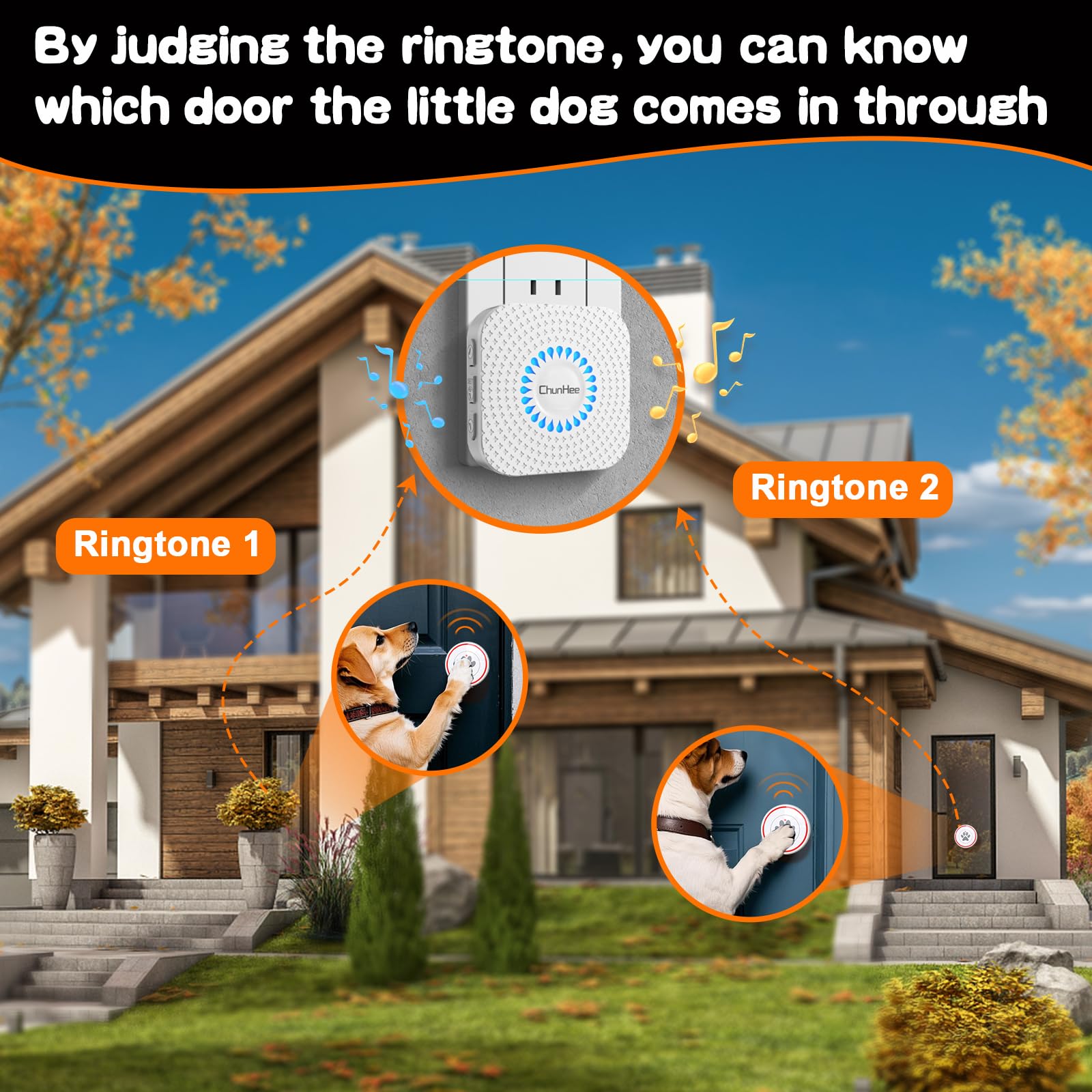 ChunHee smart dog door bell 55 ringtones suggests customizable notifications.