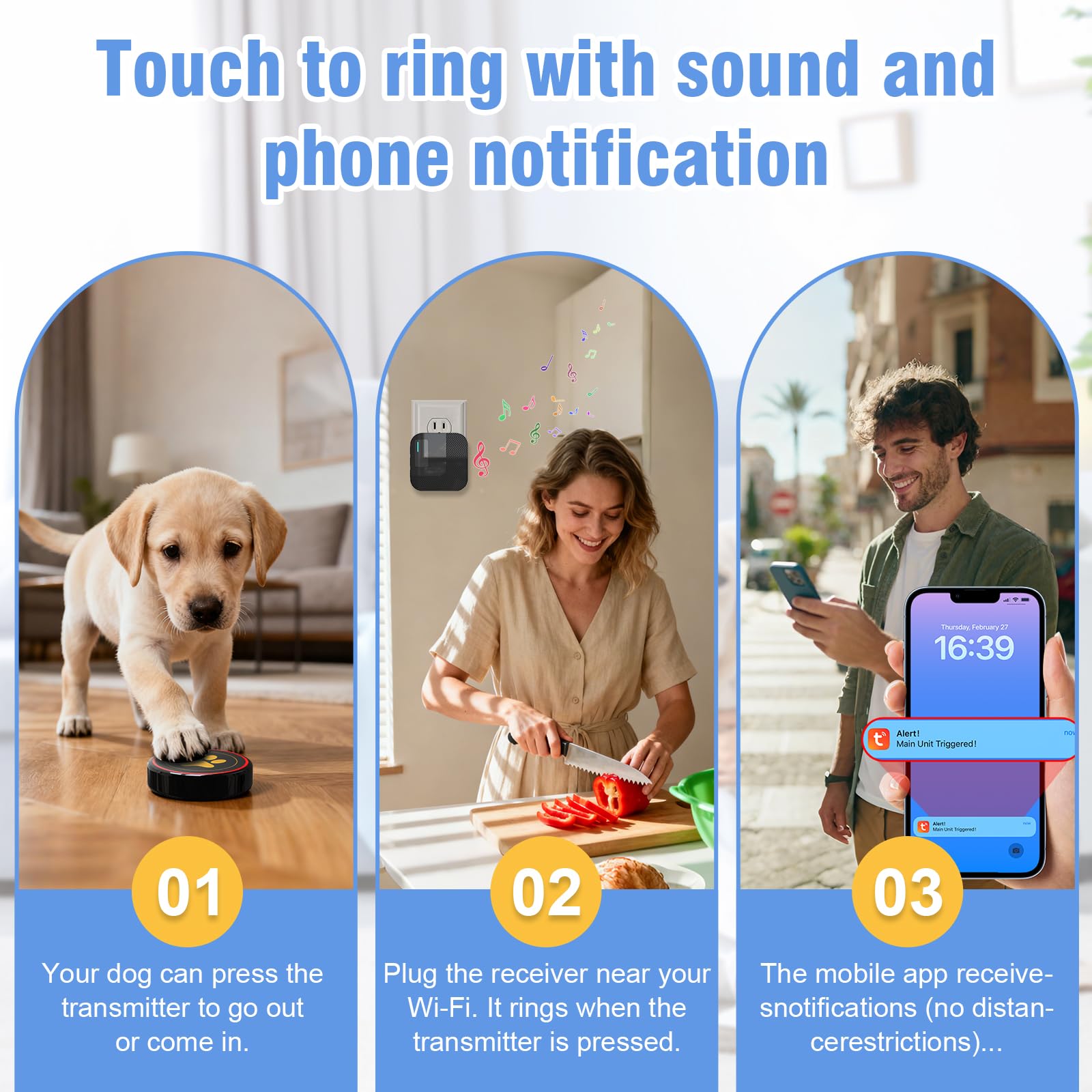 ChunHee WiFi smart dog door bell sends real-time notifications to your app.