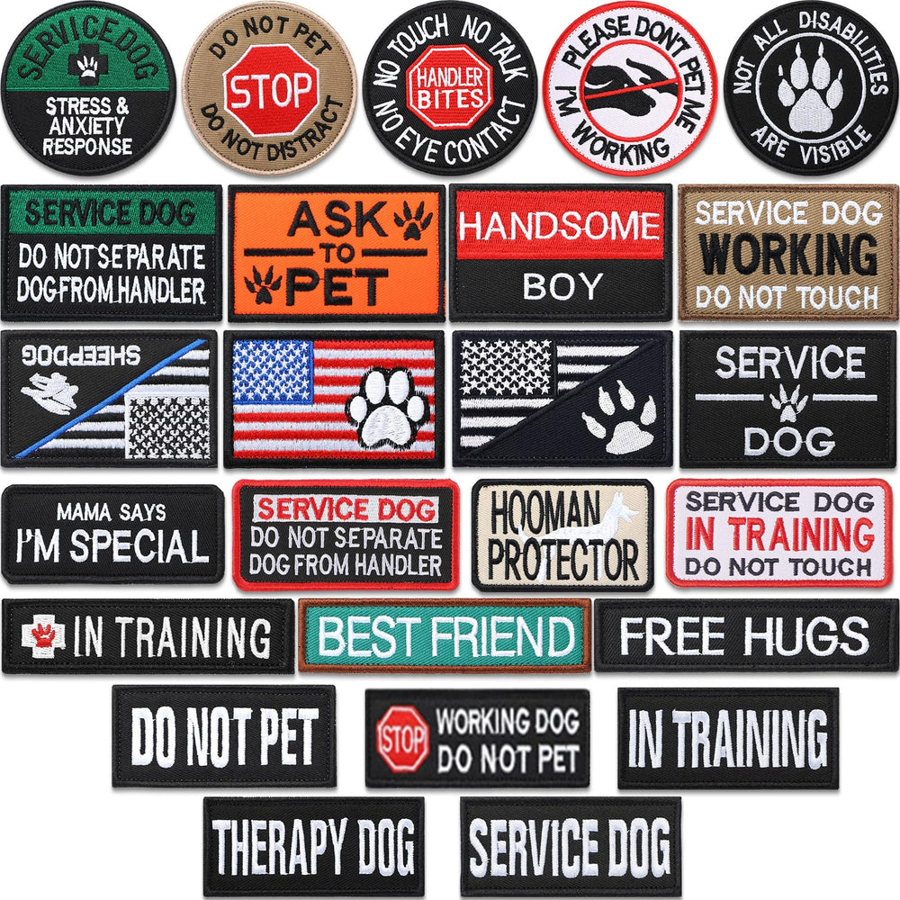 Chunyin 25-pack service dog patches displayed on a harness for training visibility