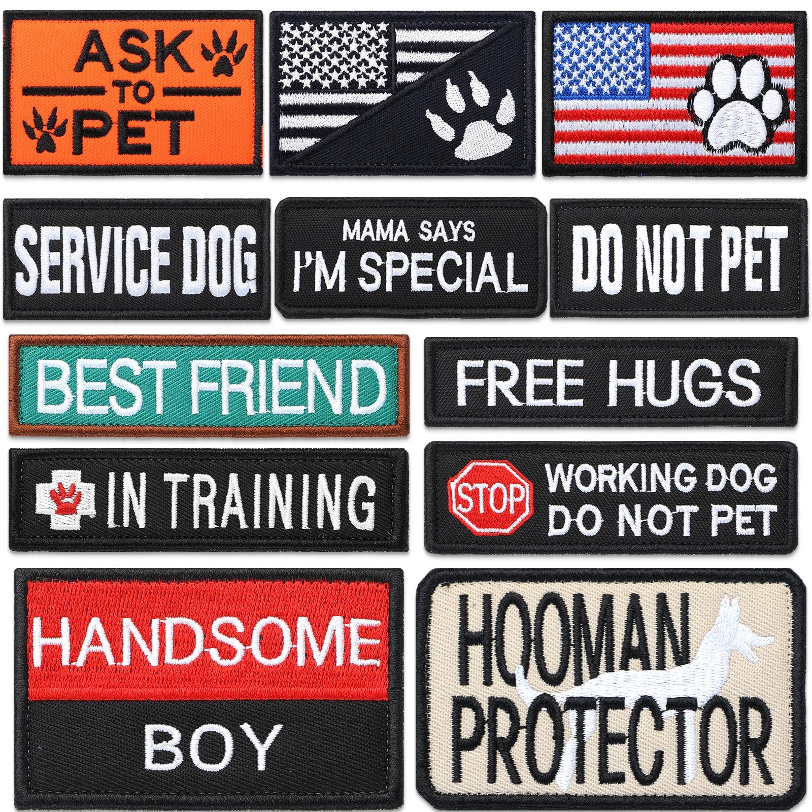 Chunyin dog patches 12-piece assortment for training gear with varied styles.