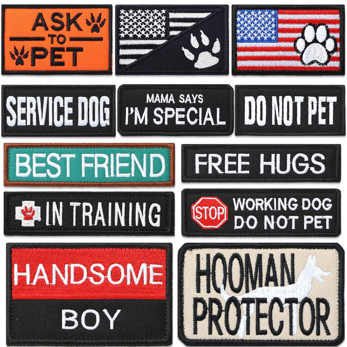 Chunyin dog patches 12-piece assortment for training gear with varied styles.