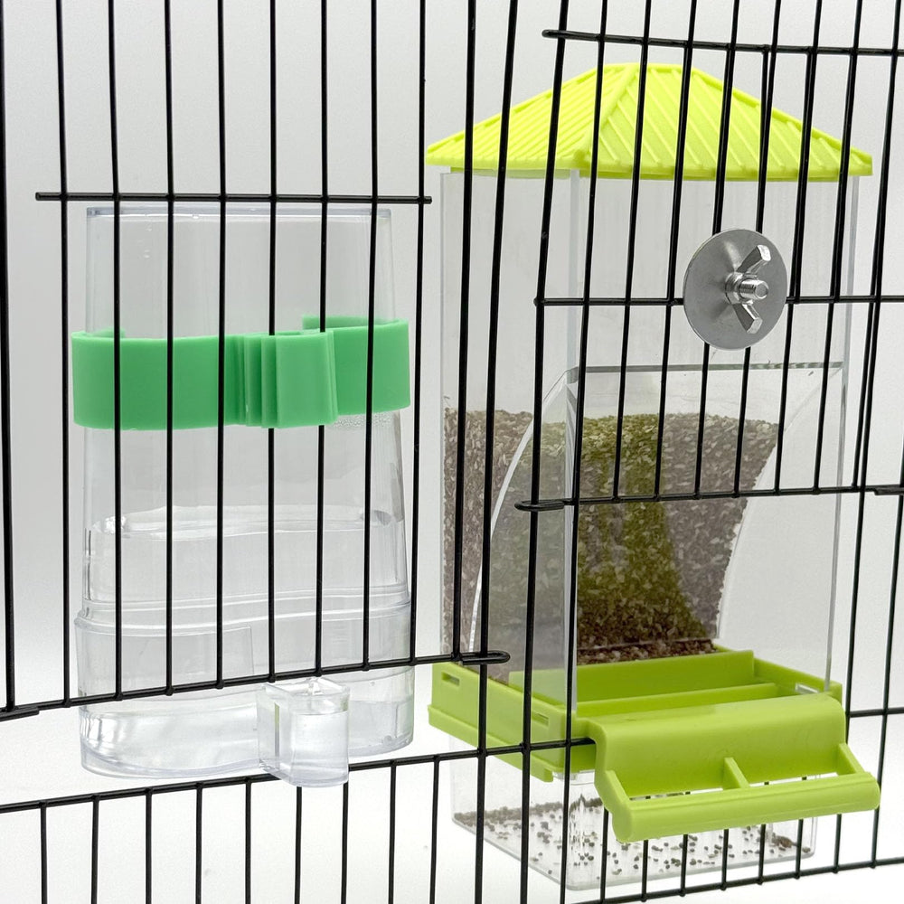 Chuyouan alimentador automático para aves, vista frontal, ayuda a mantener la jaula limpia.
