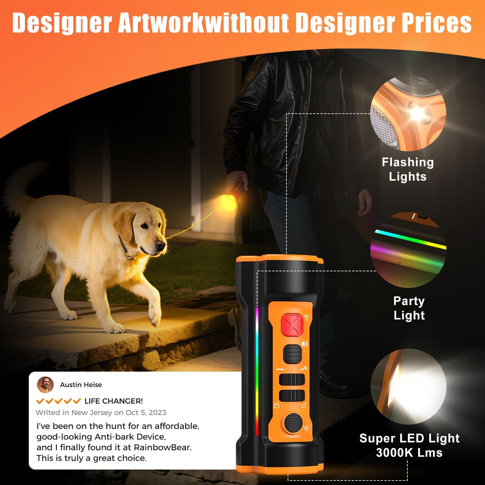 Chwwen dog bark deterrent rechargeable battery graphic shows 2000mAh capacity for extended use