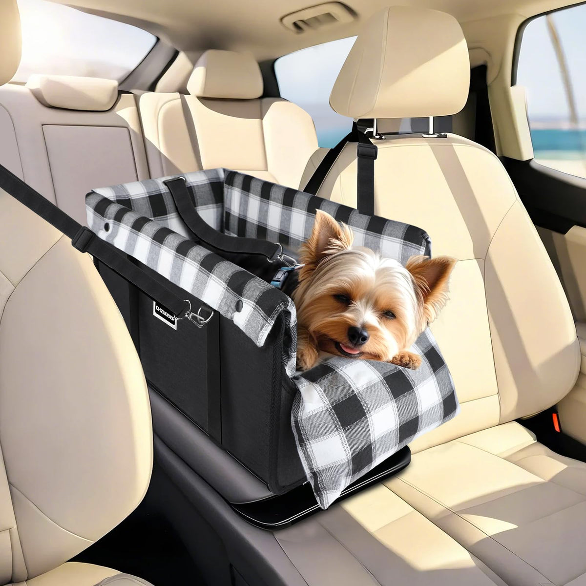 CHZUOBER center-console dog car seat shown in a car interior for small dogs