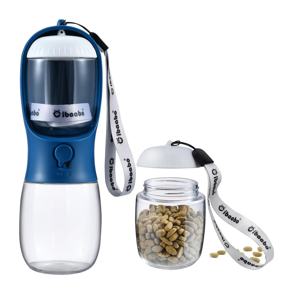 Cibaabo dog water bottle with food container closeup showing dual hydration and snack on the go