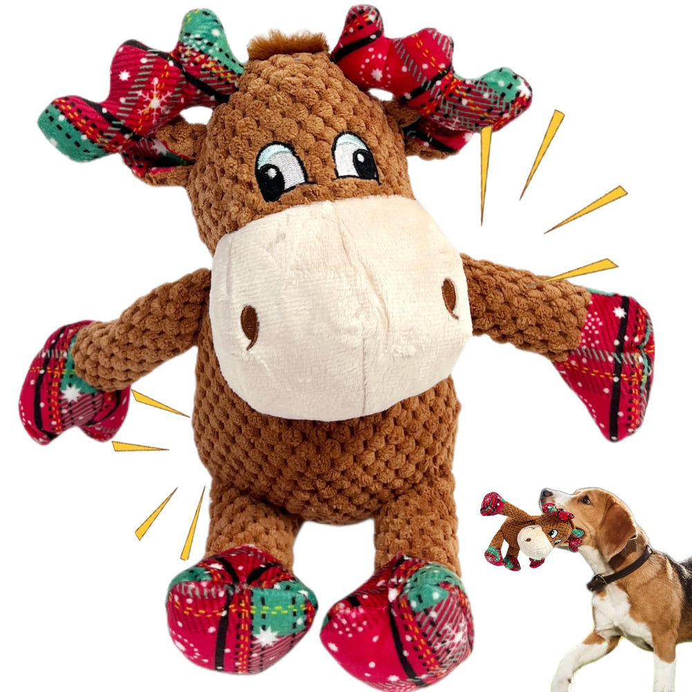 CIIVURR Christmas deer toy with Santa hat for festive play and gentle tug.