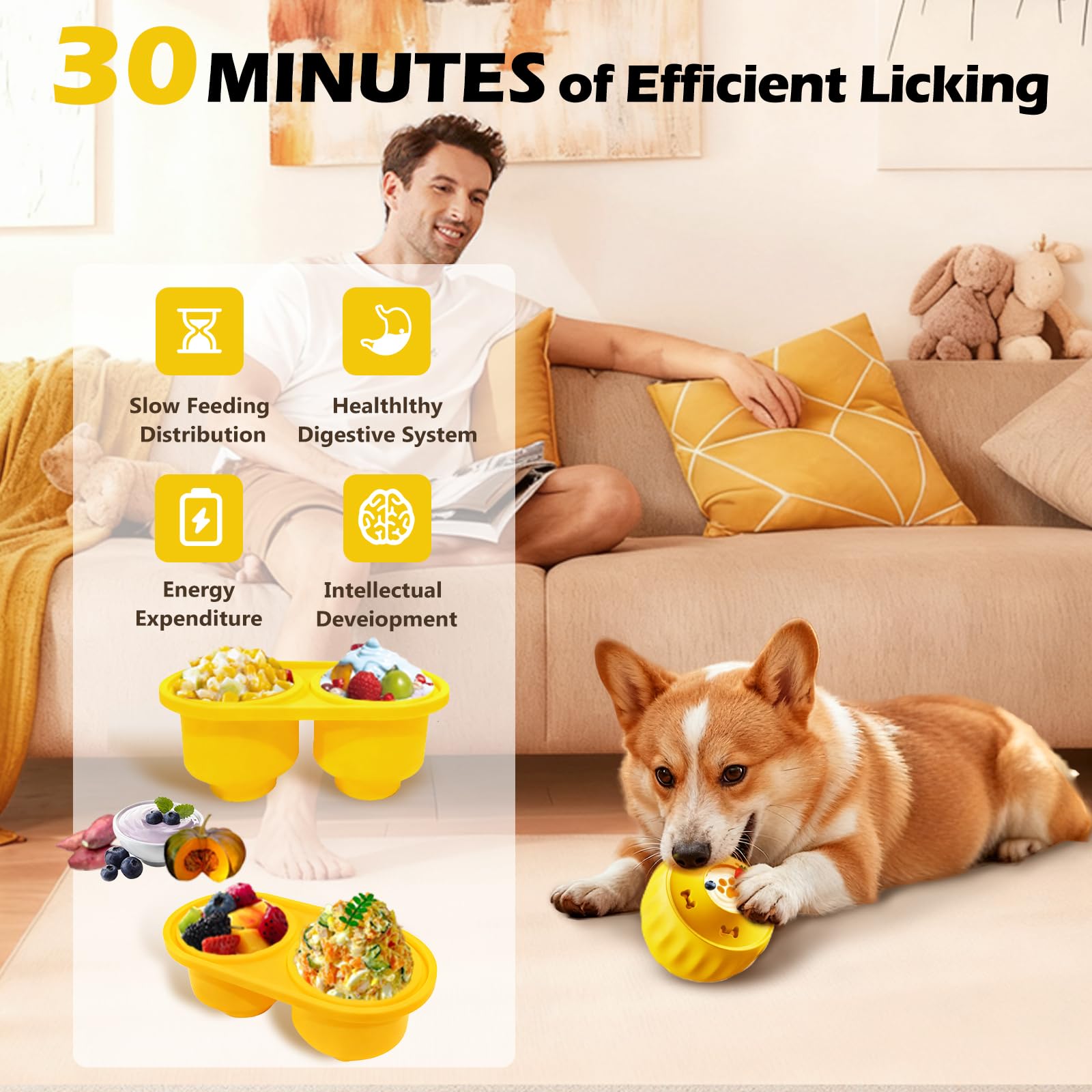 Cimolea dog frozen treat toy dispensing action highlights kibble release during play.