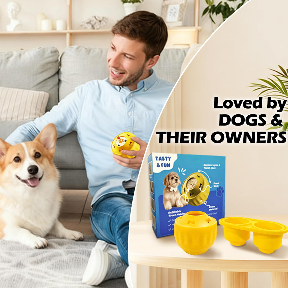Cimolea dog frozen treat toy in-action captures dogs enjoying enrichment play.