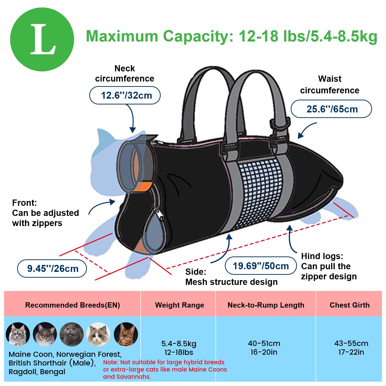 Cinf cat grooming bag back view with rear zipper access
