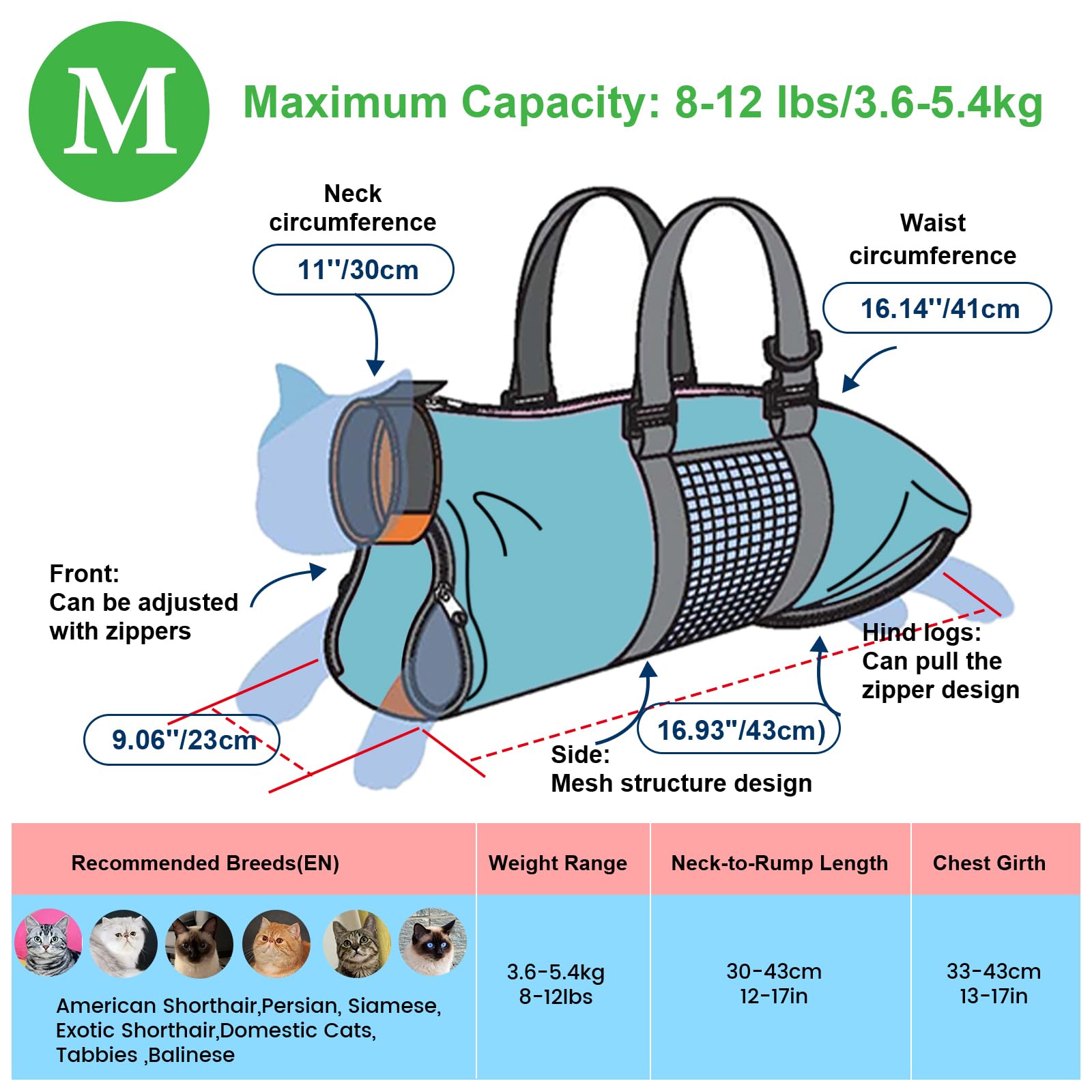 Cinf cat grooming bag blue rear zippers offer flexible paw access