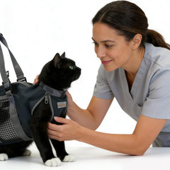 Cinf cat grooming bag front view shows secure restraint for trimming.