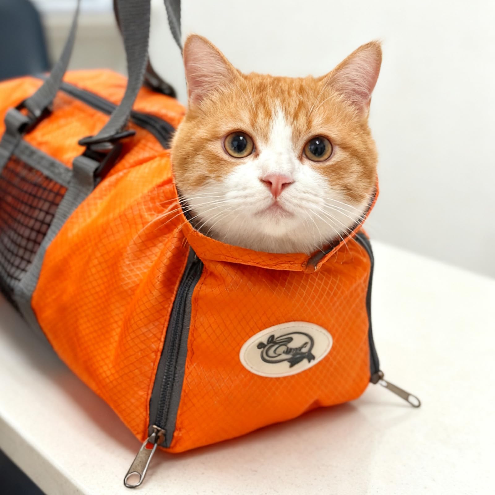 Cinf cat grooming bag orange front view showing compact restraint for grooming sessions