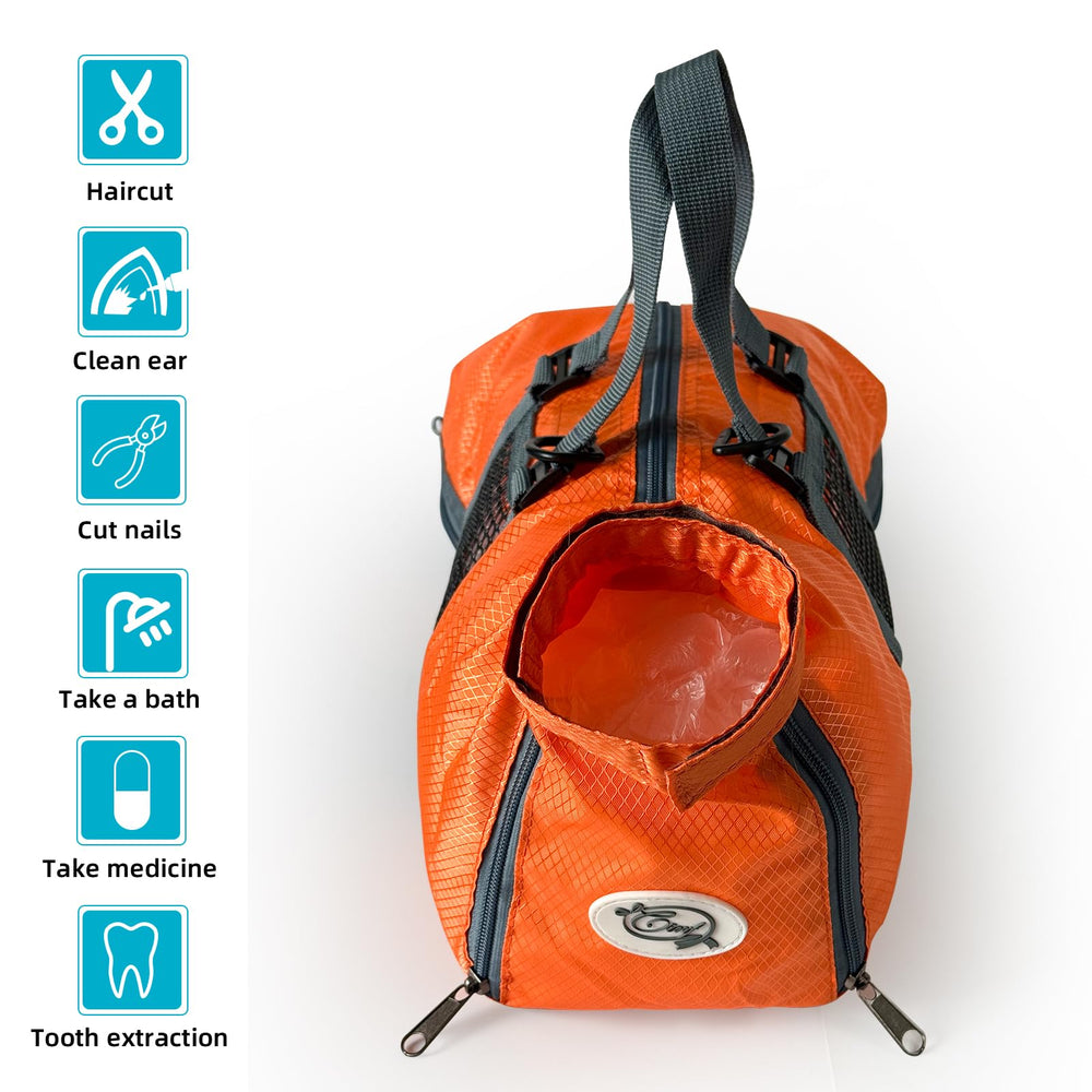 Cinf cat grooming bag orange material demonstrates durable soft touch fabric for cats