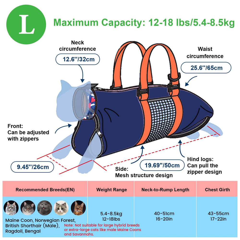 Cinf size L 12-18lbs navy blue helps owners select the right fit for mid to large cats.