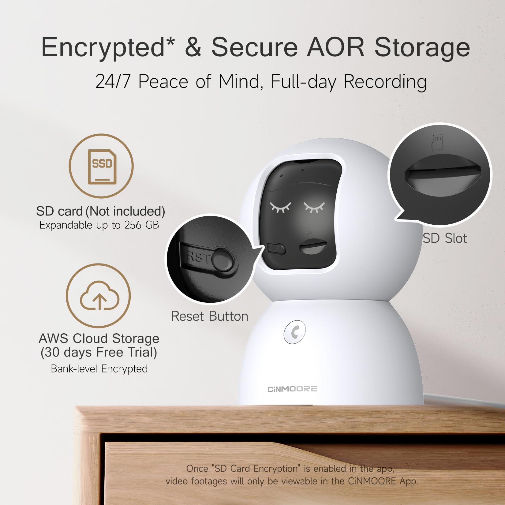 CINMOORE 2.5K pet camera cloud storage offers encrypted backups for added safety.