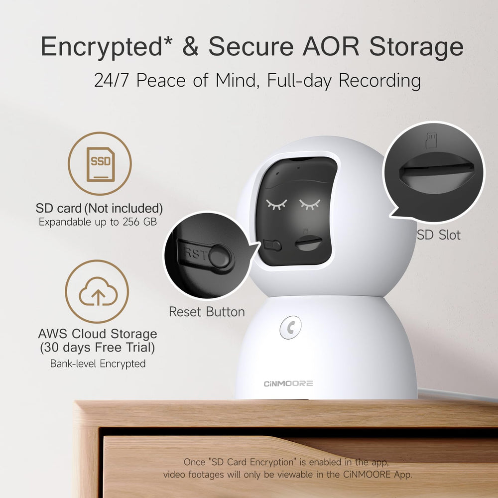 CINMOORE 2.5K pet camera cloud storage offers encrypted backups for added safety.