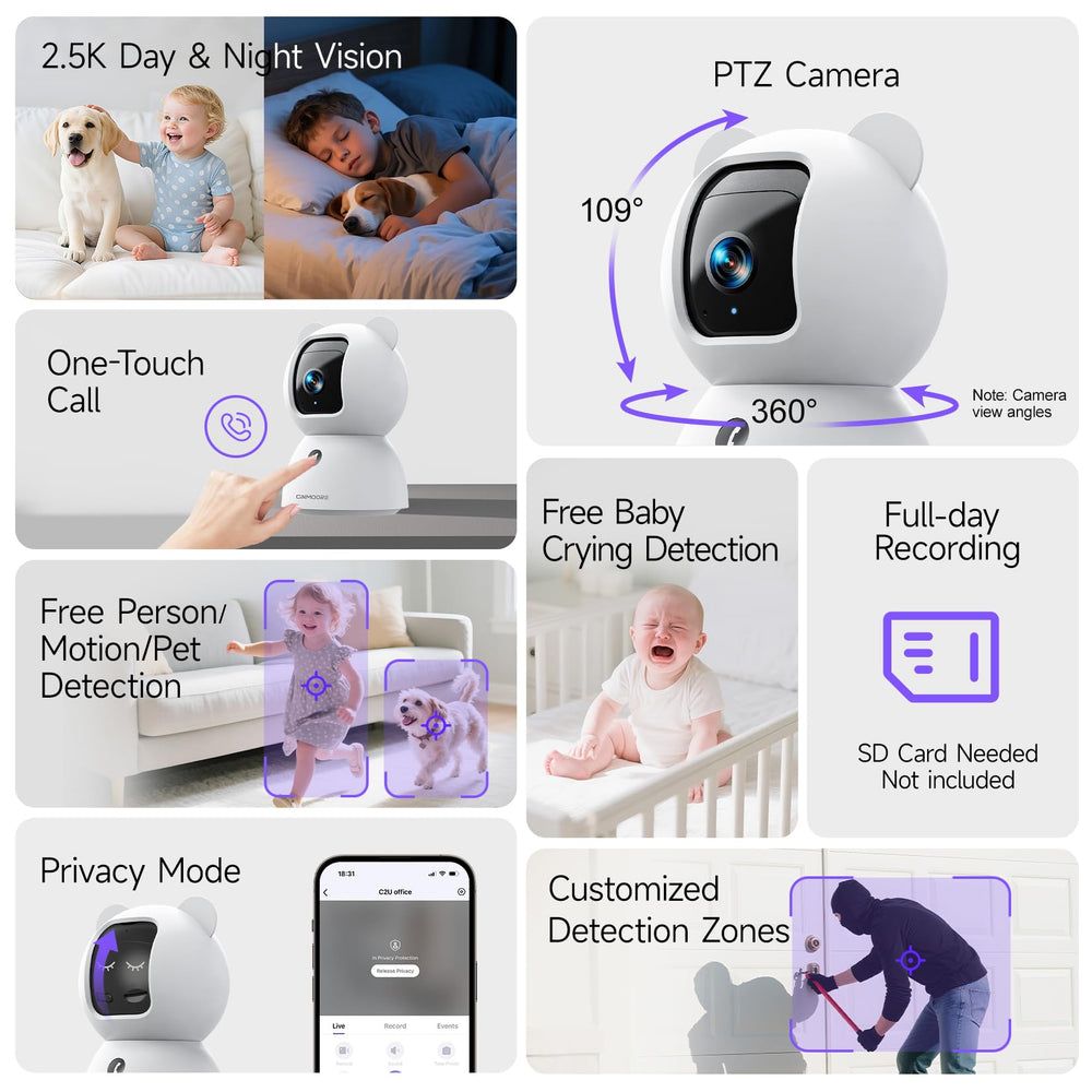 CINMOORE 2.5K pet camera night vision captures clear details in low light.
