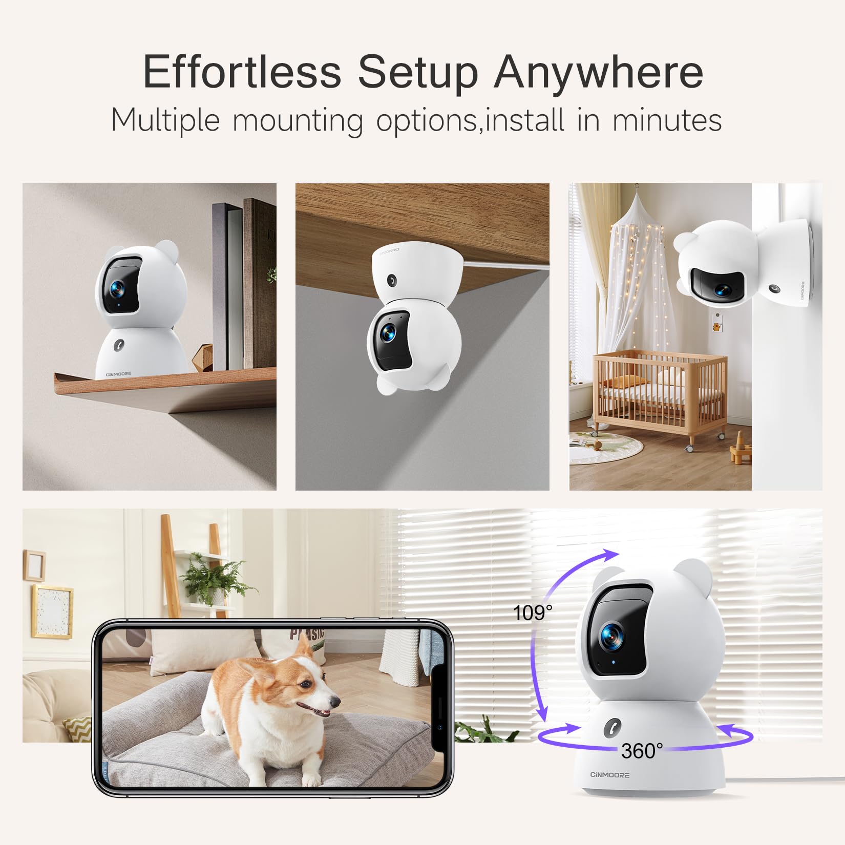 CINMOORE 2.5K pet camera wifi and bluetooth setup simplifies quick installation.