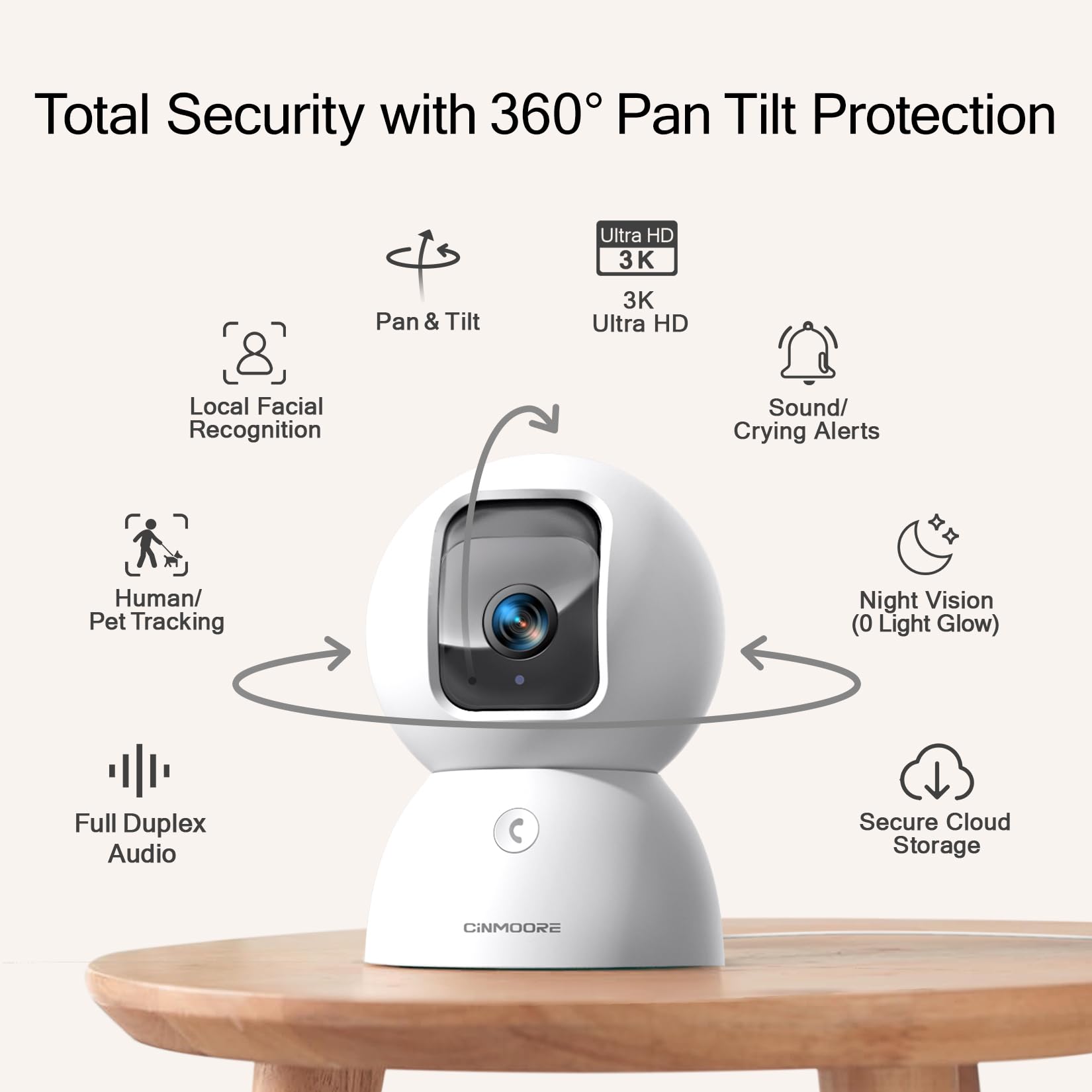 CINMOORE 3K pet camera night vision captures clear pet or baby moments after dark.
