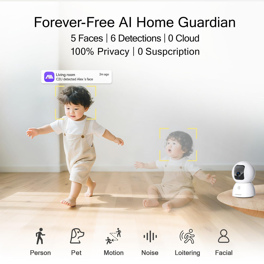 CINMOORE AI face tracking detects familiar faces for smarter alerts.