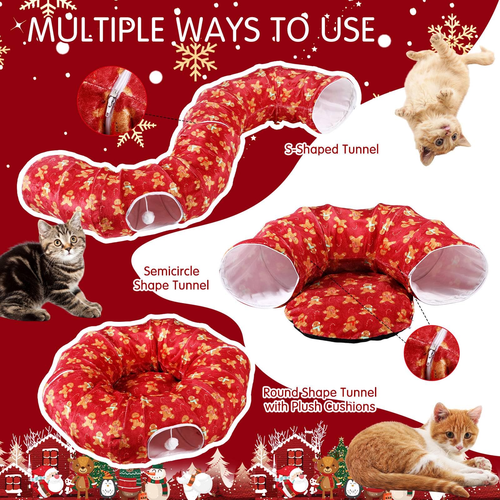 Cinnvoice Christmas cat tunnel bed collapsible-design saves space for storage or travel
