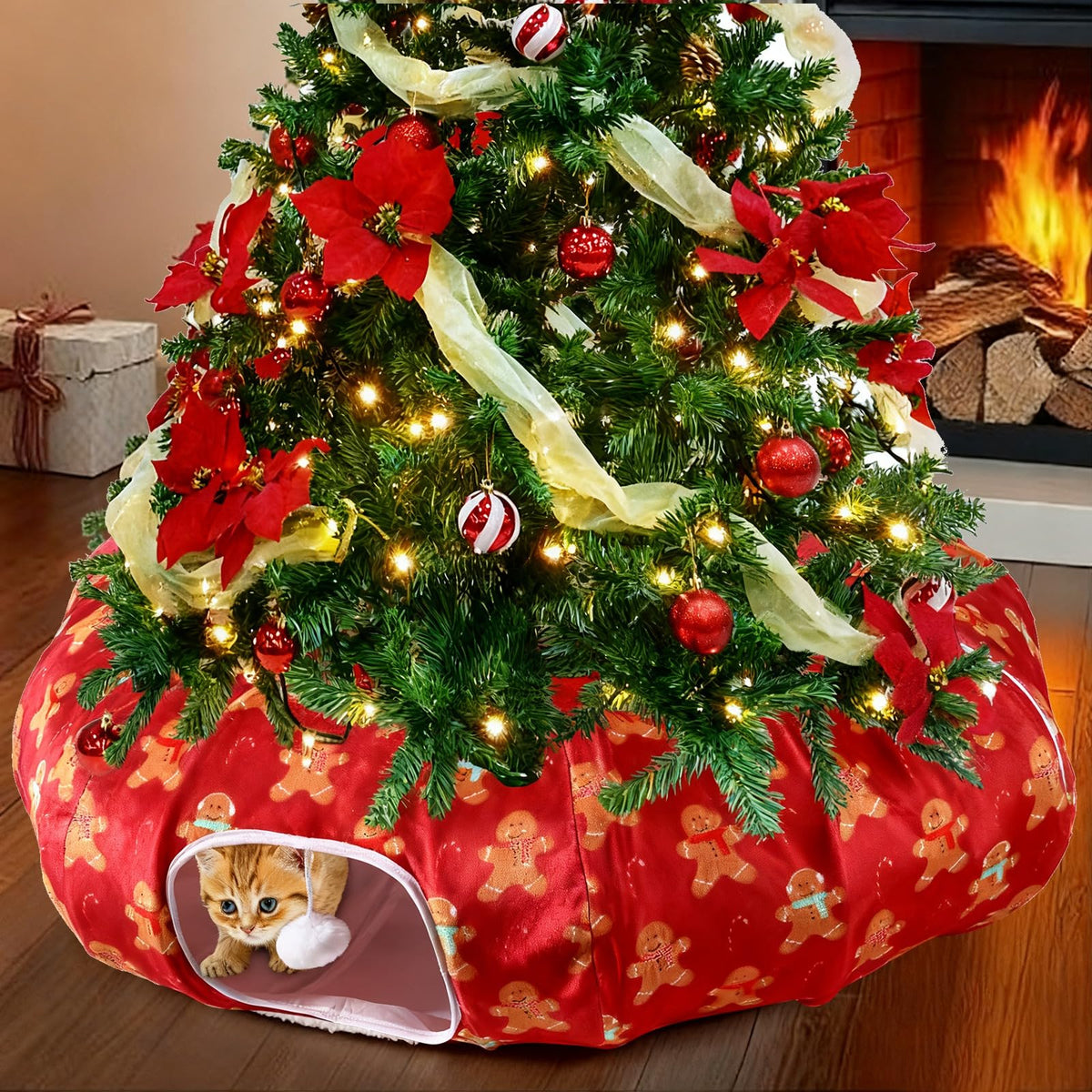Cinnvoice Christmas cat tunnel bed gingerbread-man pattern offers a festive cozy retreat