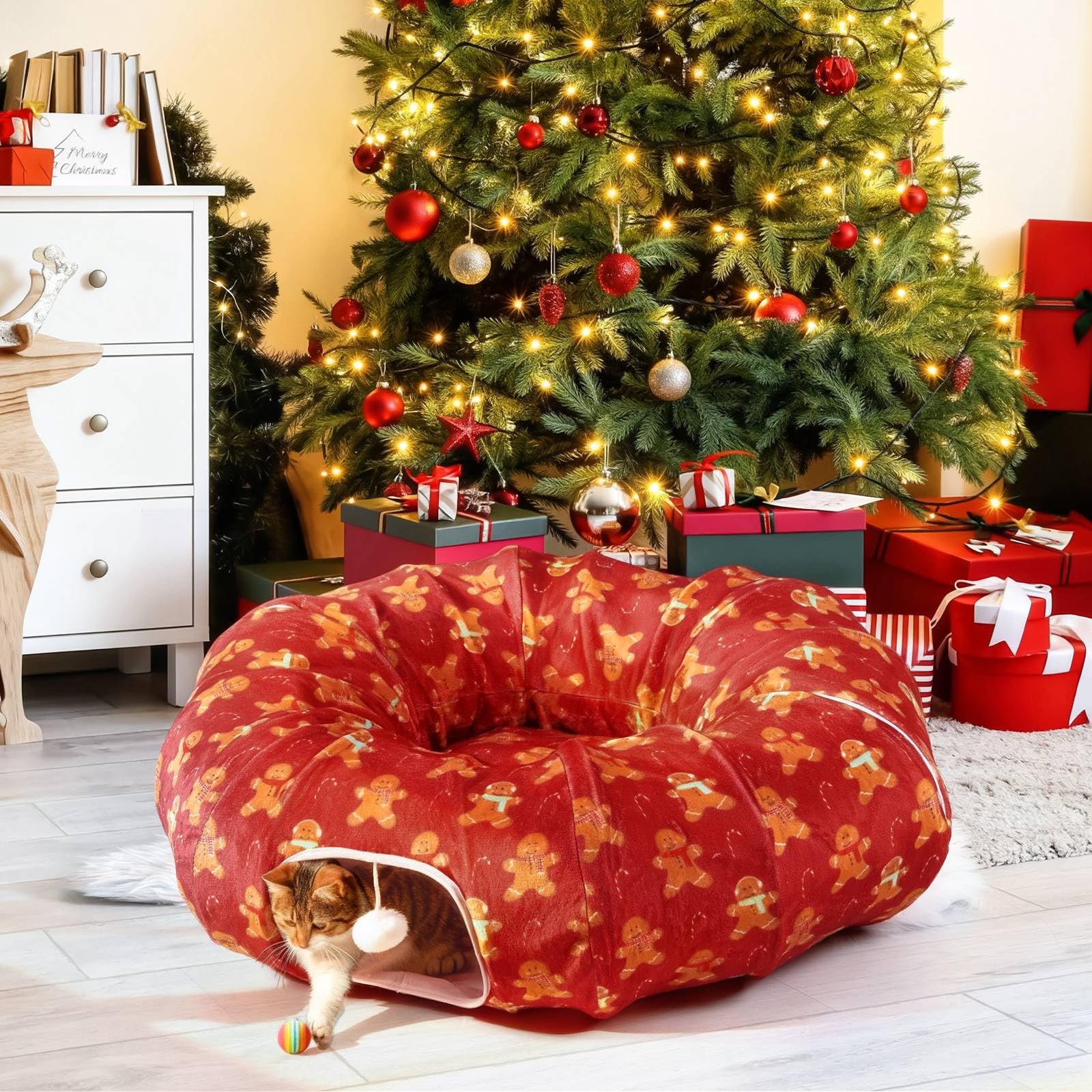 Cinnvoice Christmas cat tunnel bed in-living-room blends holiday décor with pet comfort