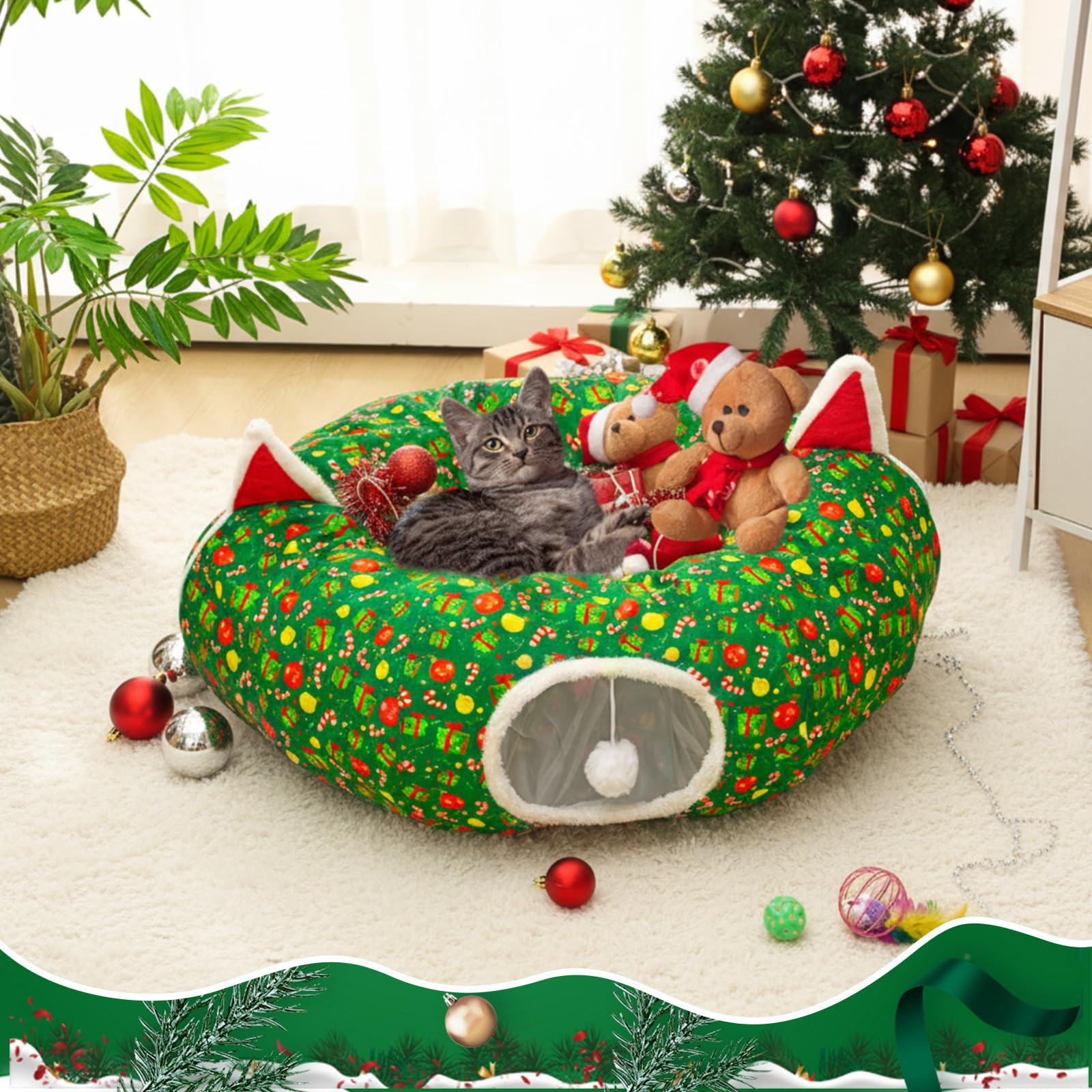 Cinnvoice Christmas cat tunnel setup complements decor while entertaining pets.