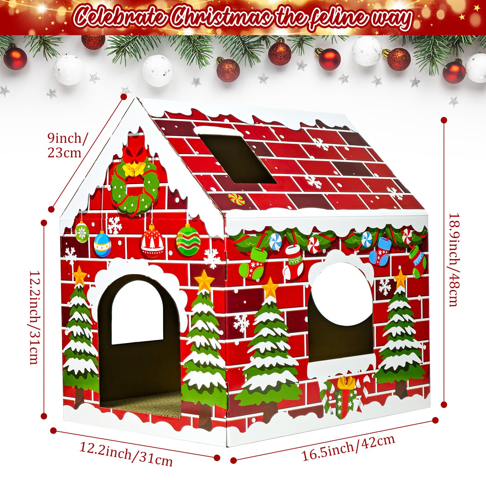 Cinrobiye Christmas cat house side windows offering peek holes for curious cats.